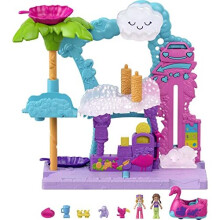 Polly Pocket Pollyville Flamingo Fun Car Wash, 2 Micro Dolls, Flamingo Car Color-Change, Water Play Accessories, Gift for Ages 4 Years Old & Up