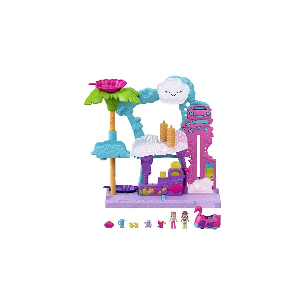 Polly Pocket Pollyville Flamingo Fun Car Wash, 2 Micro Dolls, Flamingo Car Color-Change, Water Play Accessories, Gift For Ages 4 Years Old & Up