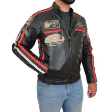 (Black, S) Mens Real Leather Biker Jacket Motorsport Racing Badges Frank Black