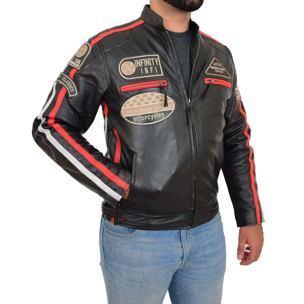 (, S) Mens Real Leather Biker Jacket Motorsport Racing Badges Frank Black 5056334101796