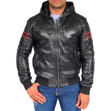 (Black, S) Mens Trendy Leather Hoody Black Fitted Soft Lambskin Bomber Jacket Dante