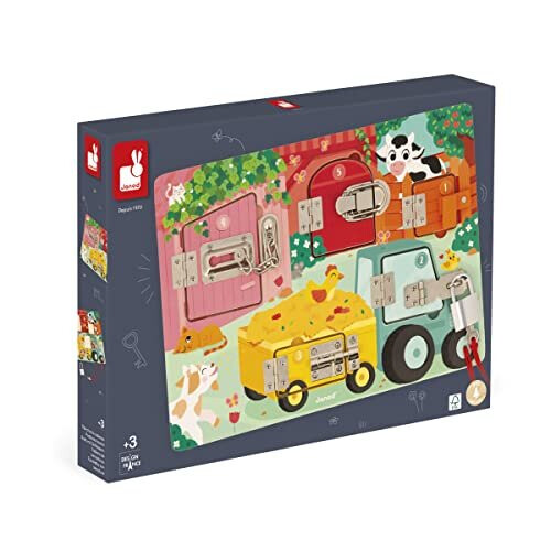 Janod Janod Farm Lock Activity Board-5 Types of Fasteners-FSC Wooden Toy-3 Years +, J07119, Multicolor