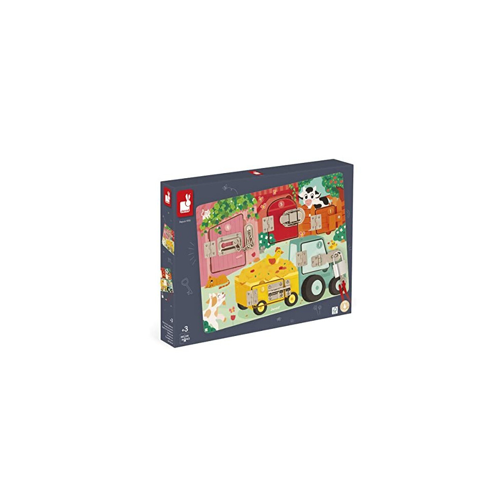 Janod Farm Lock Activity Board-5 Types Of Fasteners-Fsc Wooden Toy-3 Years +, J07119, Multicolor - Plush Soft Toy
