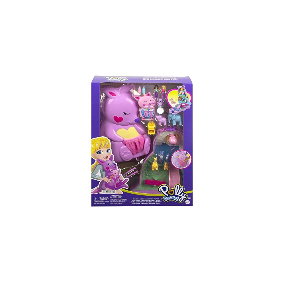 Polly Pocket Mini Toys, Mama And Joey Kangaroo Purse 2-In-1 Compact Playset With 2 Micro Dolls And Accessories, Travel Toys, Hkv50
