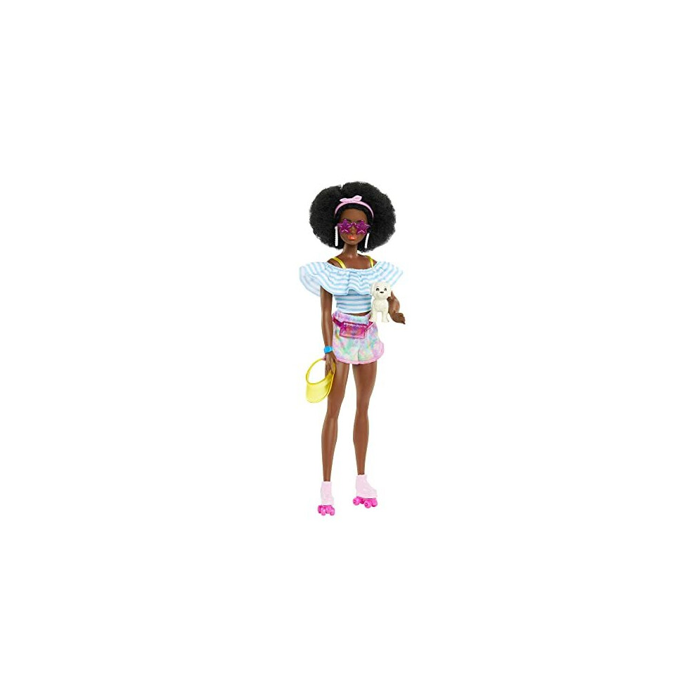 Barbie Doll with Roller Skates, Trendy Clothes with Storytelling Accessories and Pet Puppy, Natural Afro Hairstyle, HPL77