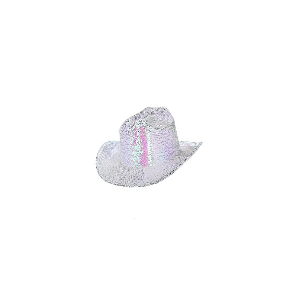 Smiffy's 53030, Iridescent Fever Deluxe Sequin Cowboy Hat, Unisex Adult, One Size White