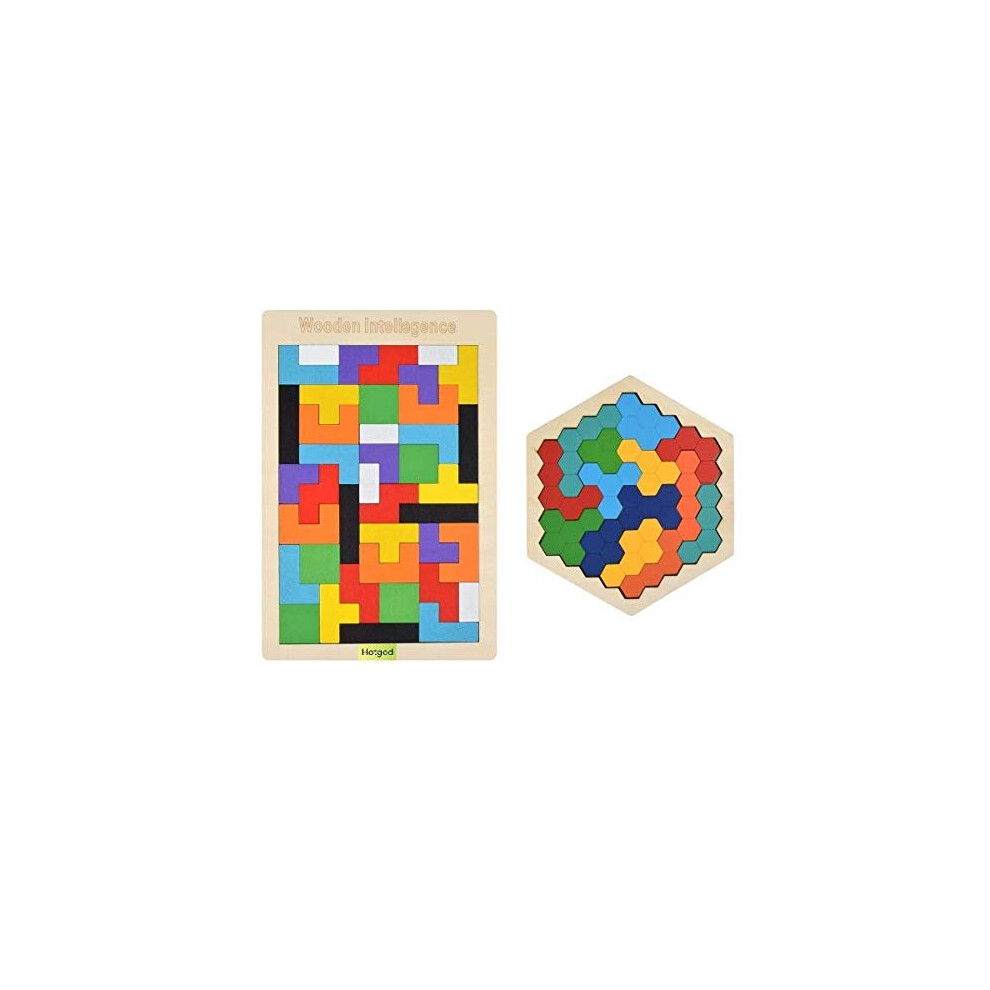 Hotgod Wooden Tetris Puzzle Hexagon Puzzles for Toddlers Tangram Jigsaw Puzzle, Montessori Educational Gift for Kids & Adults