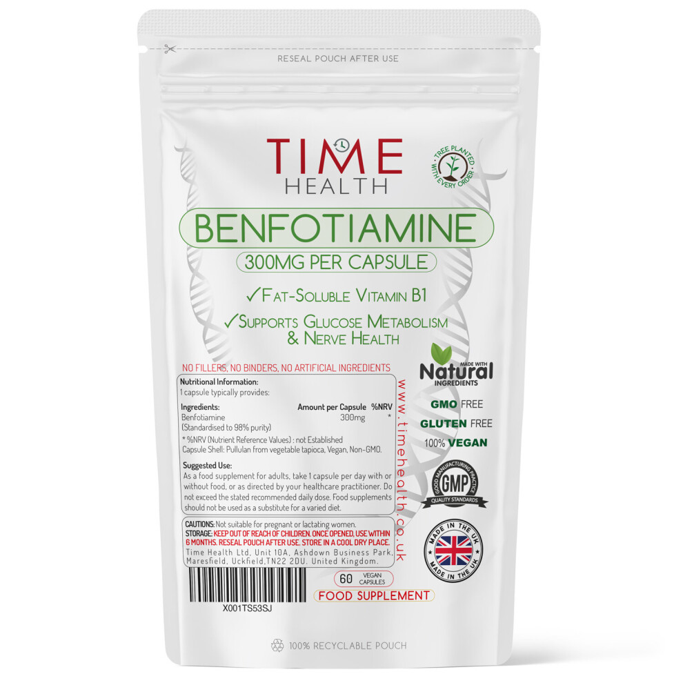 Time Health Benfotiamine - Fat-Soluble Vitamin B1 (Thiamine) - Support For Glucose Metabolism, Nerve Health & Cognition - 60 Capsules