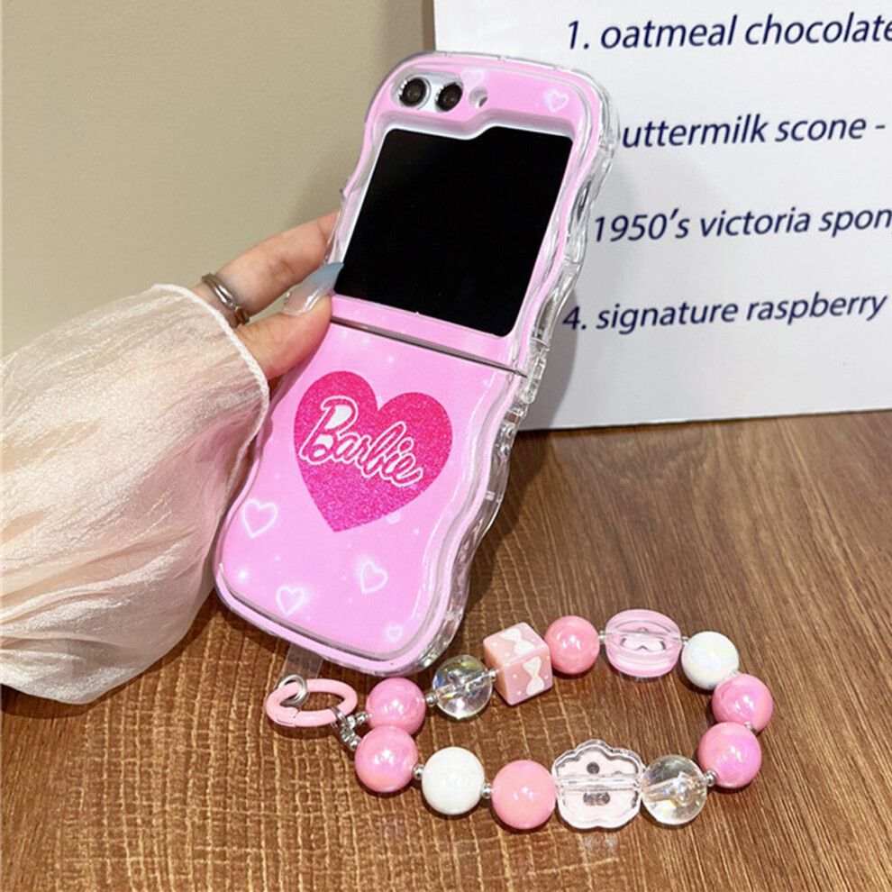 (Love Barbie) Cute Pink Barbie Case Cover for Samsung Galaxy Z Flip 5 with Wrist Strap, Anti Drop Wave Case Z Flip 5