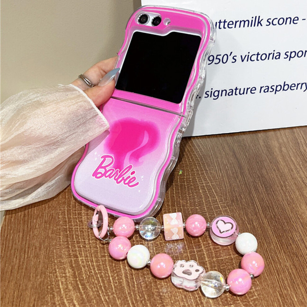 Lisade (Rose Red) Cute Pink Barbie Case Cover For Samsung Galaxy Z Flip 5 With Wrist Strap, Anti Drop Wave Case Z Flip 5 Pink,Red