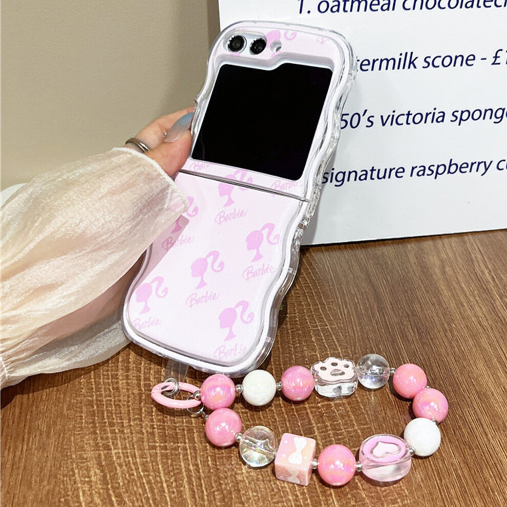Lisade (Pink) Cute Barbie Case Cover For Samsung Galaxy Z Flip 5 With Wrist Strap, Anti Drop Wave Case Z Flip 5 Pink