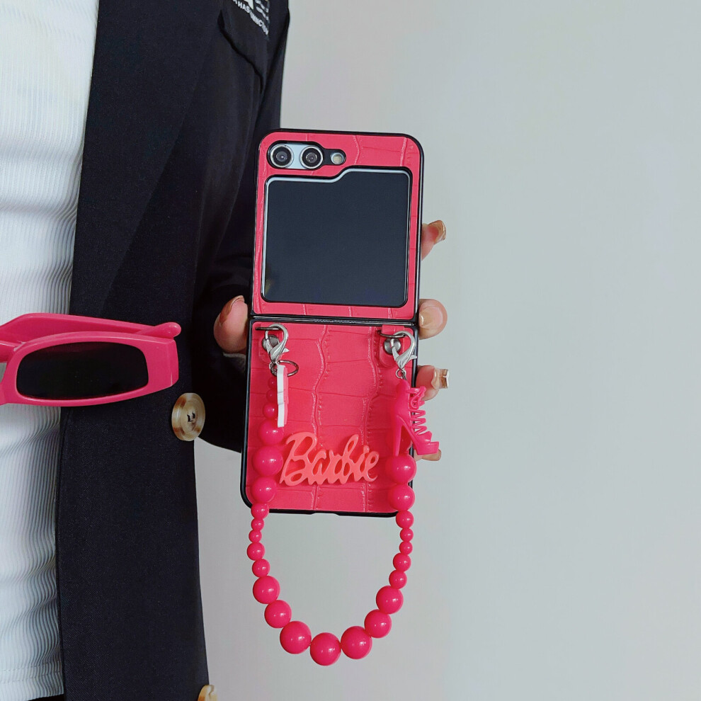 Lisade (High Heels) Cute Pink Barbie Case Cover For Samsung Galaxy Z Flip 5 Card Holder Lanyard, Leather Wallet Z Flip 5 Case