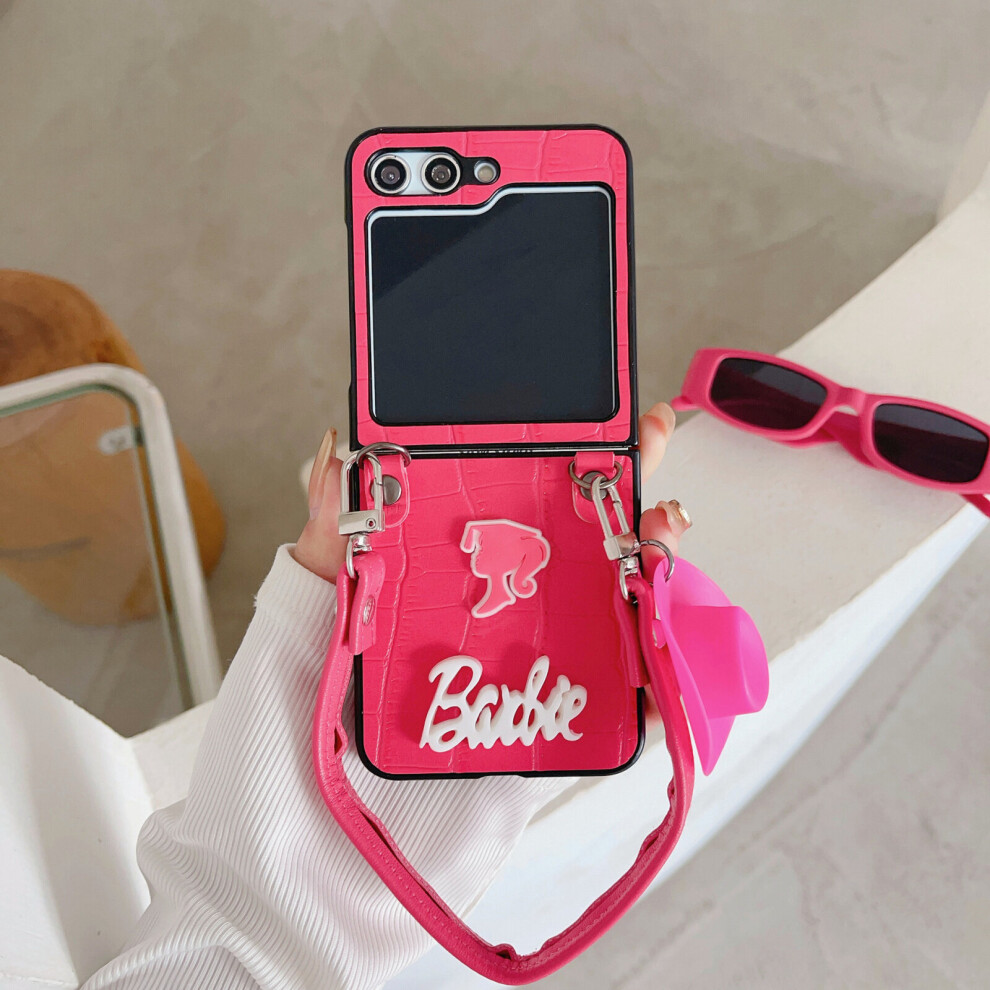 (Hat) Cute Pink Barbie Case Cover for Samsung Galaxy Z Flip 5 Card Holder Lanyard, Leather Wallet Z Flip 5 Case