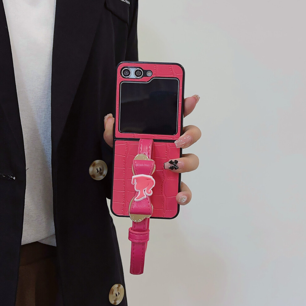 Lisade (Wristband) Cute Pink Barbie Case Cover For Samsung Galaxy Z Flip 5 Card Holder Lanyard, Leather Wallet Z Flip 5 Case