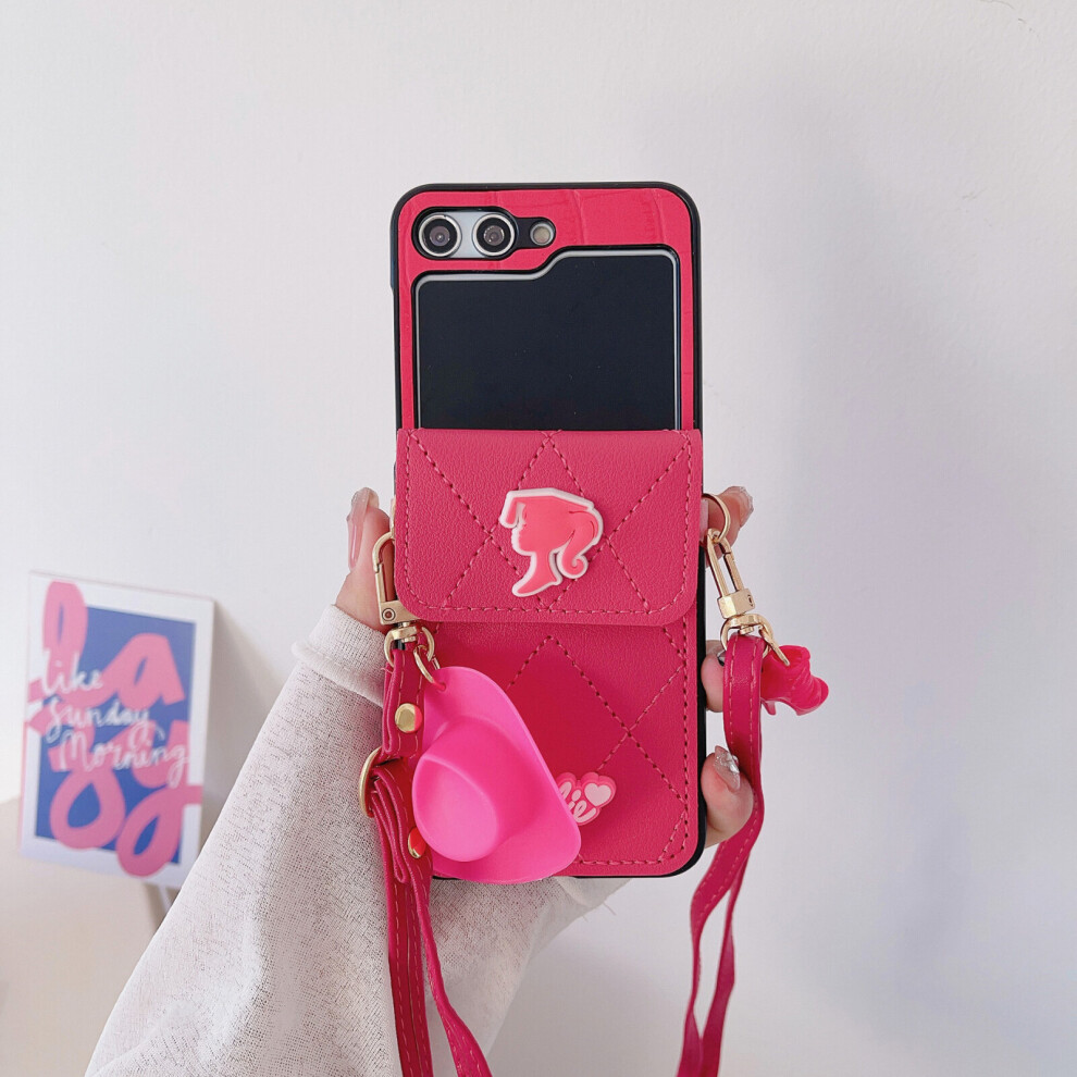 (Card package) Cute Pink Barbie Case Cover for Samsung Galaxy Z Flip 5 Card Holder Lanyard, Leather Wallet Z Flip 5 Case