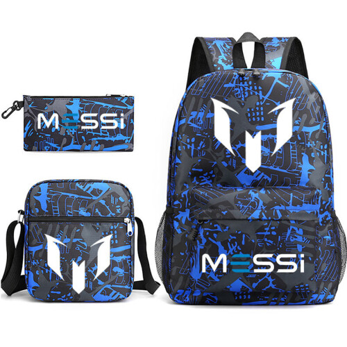 (Patterned Blue 1) 3pcs Sets Messi Backpack New Students Capacity School Bags