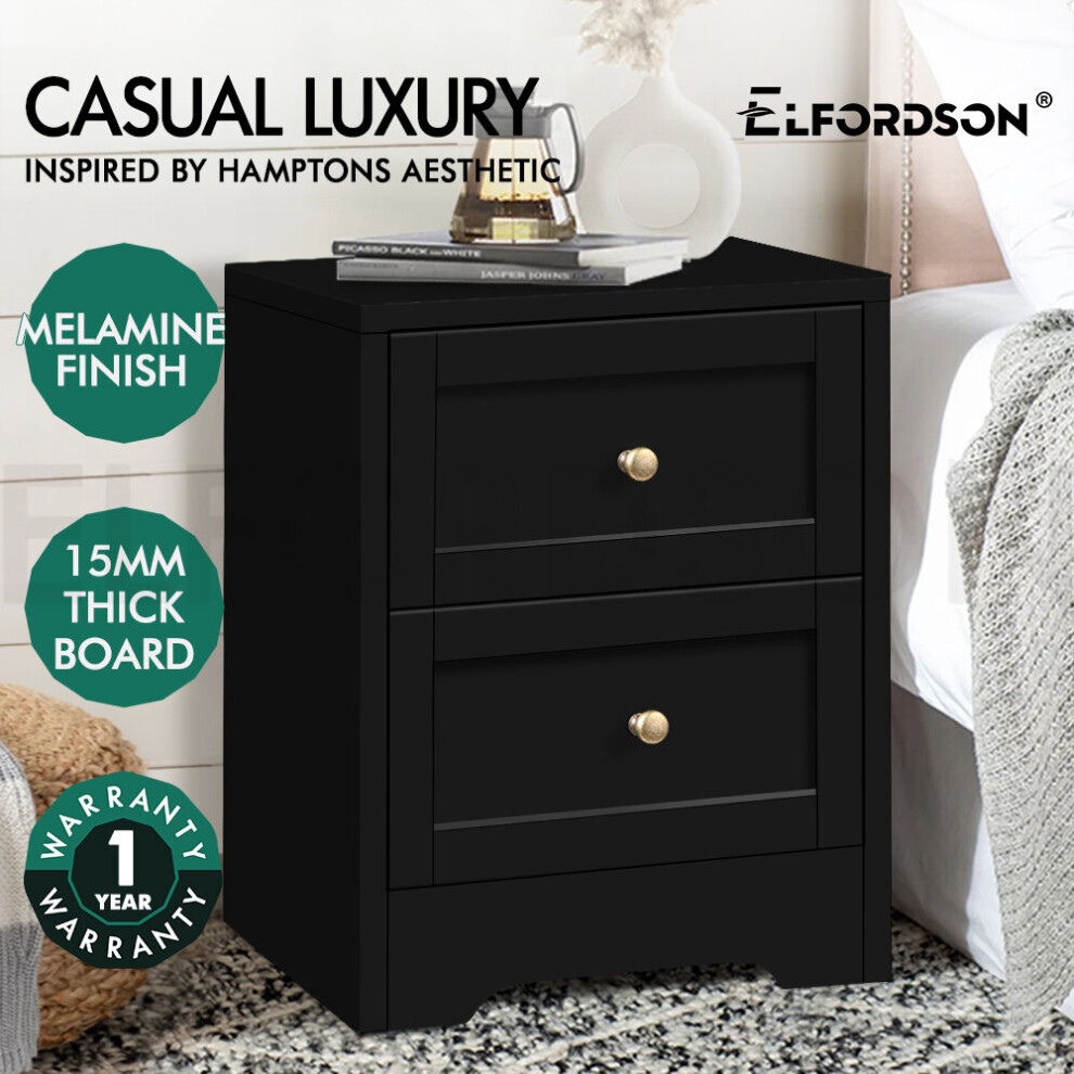 (Hampus - 2 Drawers(Black)) ELFORDSON Bedside Table Retro Wooden Nightstand Vintage Storage Side Cabinet