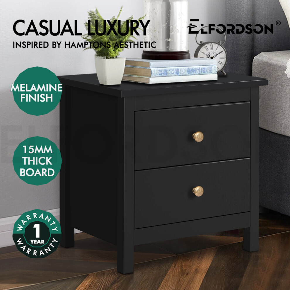 (Hamza - 2 Drawers(Black)) ELFORDSON Bedside Table Retro Wooden Nightstand Vintage Storage Side Cabinet