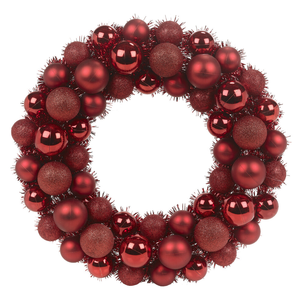 (Red) 40cm Christmas Xmas Hanging Baubles Tinsel Wreath