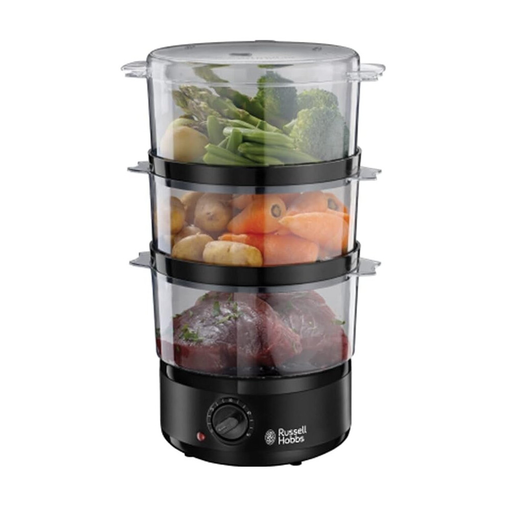 Russell Hobbs 26530 Matt Black Electric Food Steamer - 3-Tier, 7 Litre Capacity with BPA Free Baskets and Rice Bowl (Included) for Vegetables