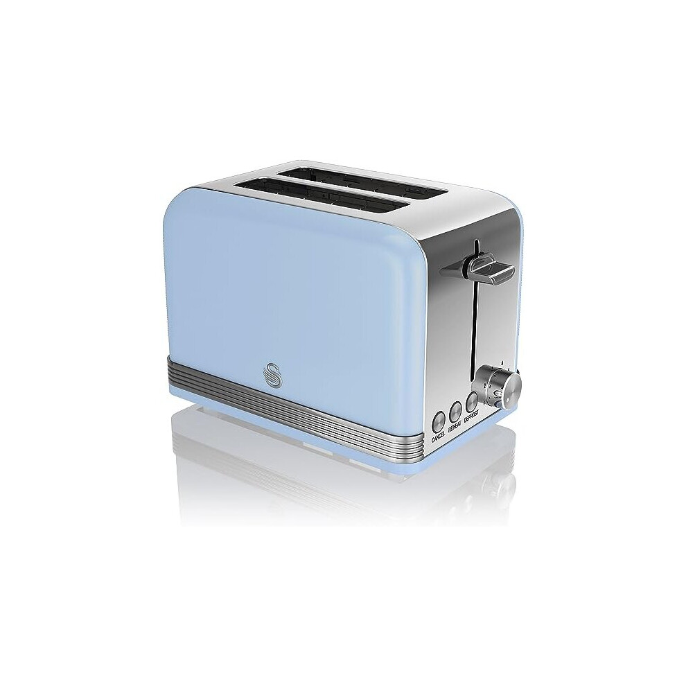 Swan 2 Slice Retro Toaster, Blue, Defrost, Cancel and Reheat Functions, Slide Out Crumb Tray, ST19010BLN