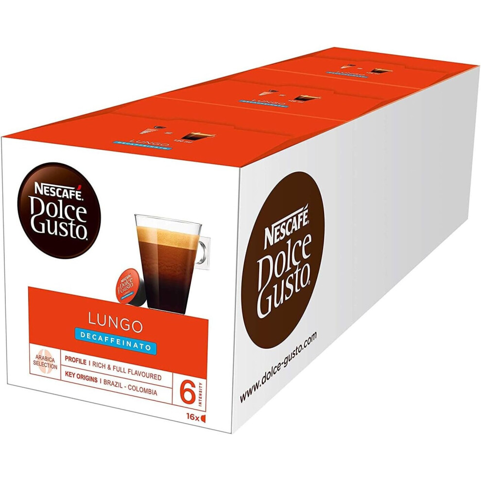 Nescafe Dolce Gusto Lungo Decaff Coffee Pods (Pack of 3, Total 48 Capsules)