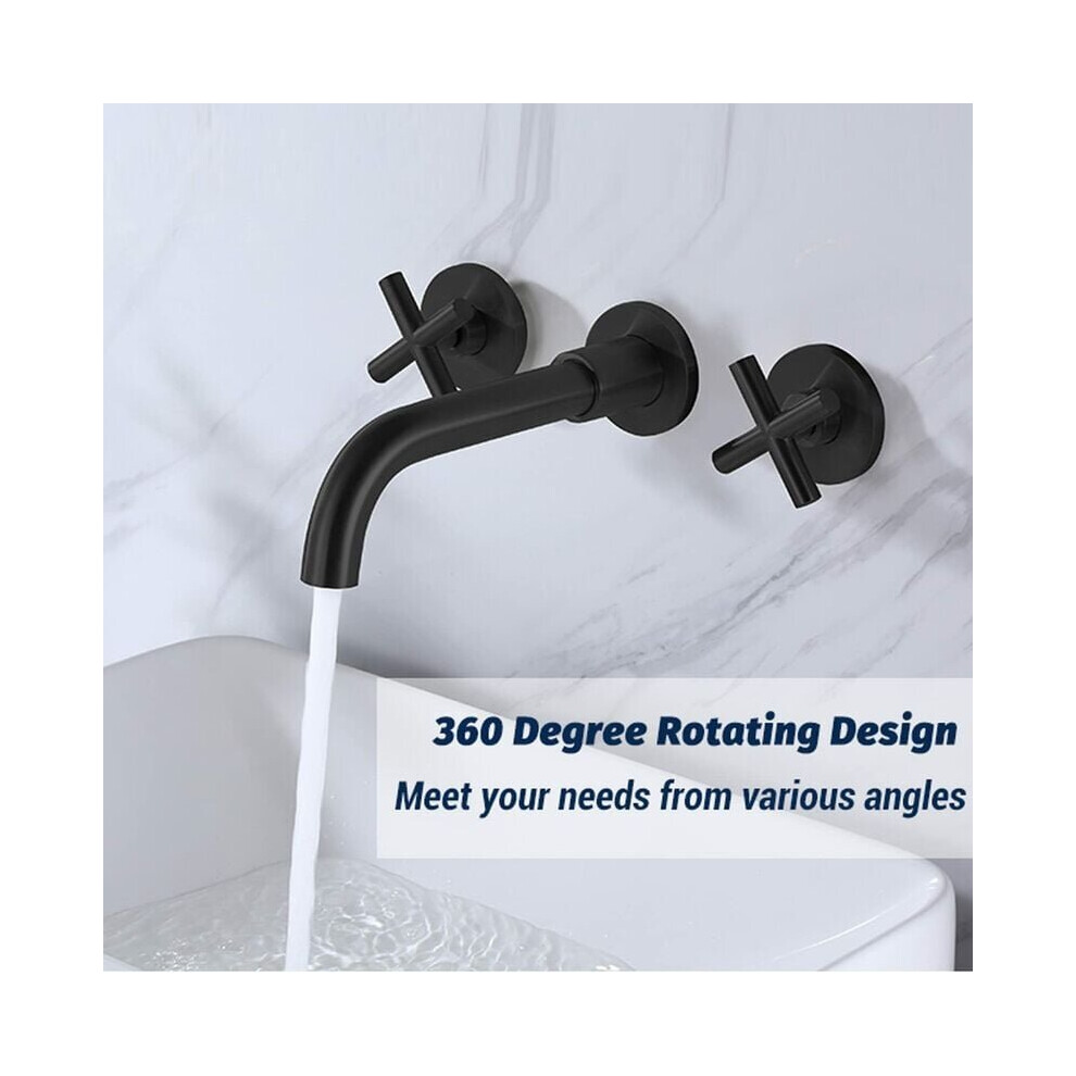 Basin Mixer Tap Matte Black Wall Mounted Bathroom Faucet Double Handle Brass Basin Mixer Tap with Rough Valve Included