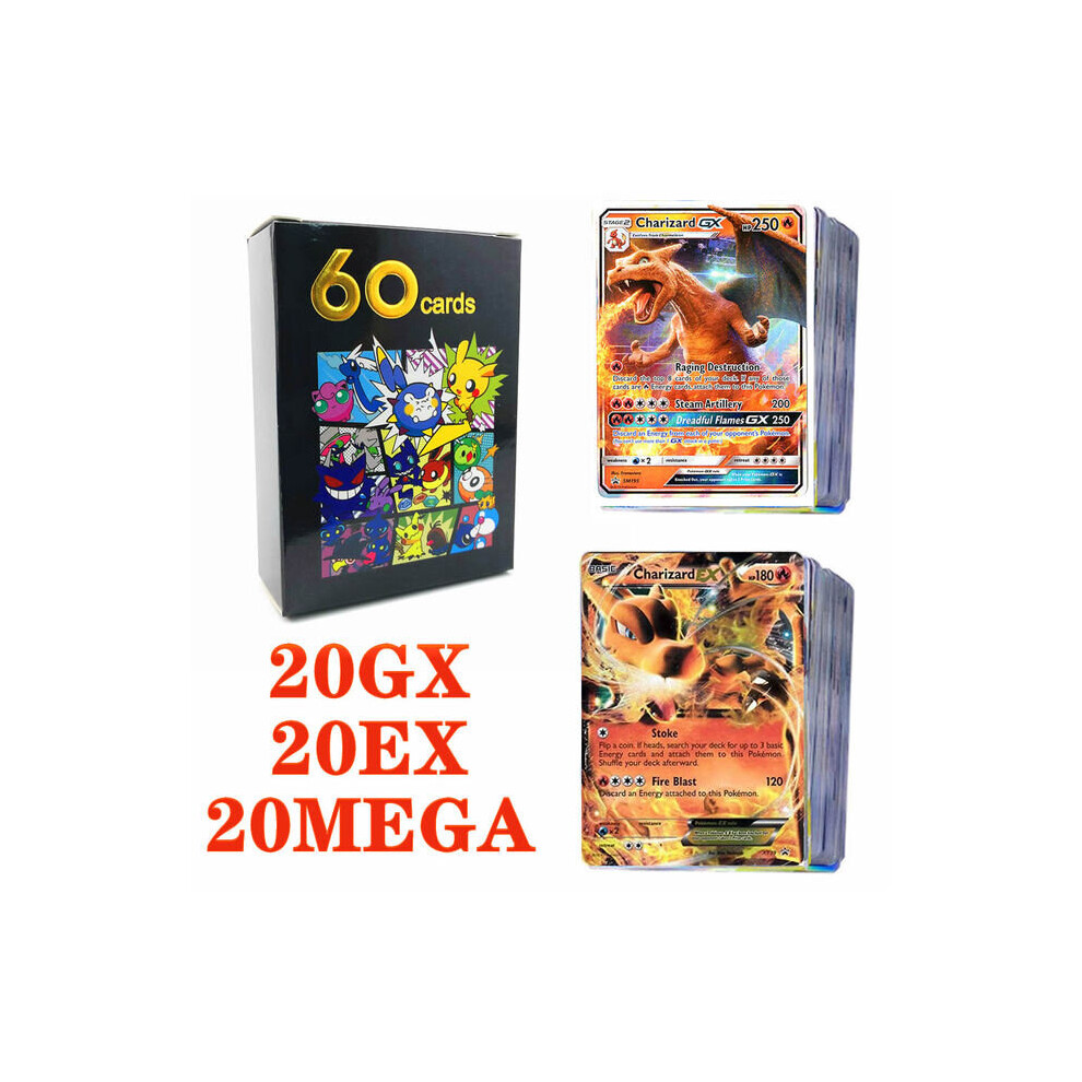 (20GX 20EX 20MEGA) 60pcs Pokemon Cards English Version 55GX MEGA Charizard Pikachu Vmax EX