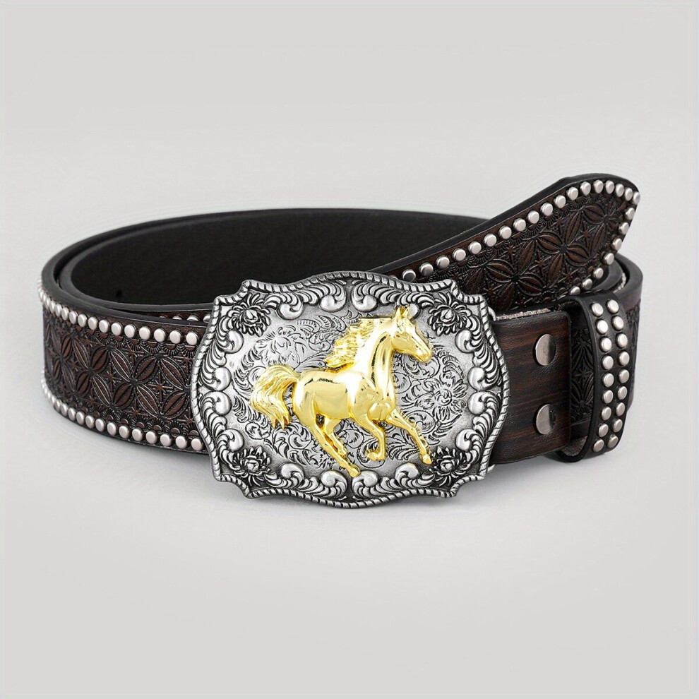 1pc Horse Buckle Floral Pattern Casual Belt Western Cowboy Leather Vintage Belt High end Boutique Belt-image-OPC-PC6CXNM-NEW