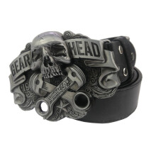 Mens Silver Skull GEAR HEAD Metal Belt Buckle Accessories With Leather Belt