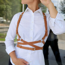 Brown Three Layer Cross Suspenders Punk PU Leather Chest Harness Belt Gothic Adjustable Rivet Body Harness For Women