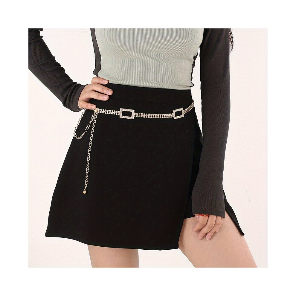 Rhinestone Inlaid Waist Chain Square Hollow Out Stylish Tassel Belly Chain Y2K Dress Girdle For Women-image-OPC-PC6CYZV-NEW