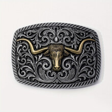 Bull Head Embossed Belt Buckle Vintage Flower Engraved Cowboy Cowgirl Western Belt Buckle Boho Decorative Detachable Buckle For Leather Belts