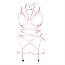 Pink Hollow Out Body Harness Bra Waistband Elastic Sexy Adjustable Cage Harness Gothic Garter Stockings Thigh Belt Fetish Suspenders