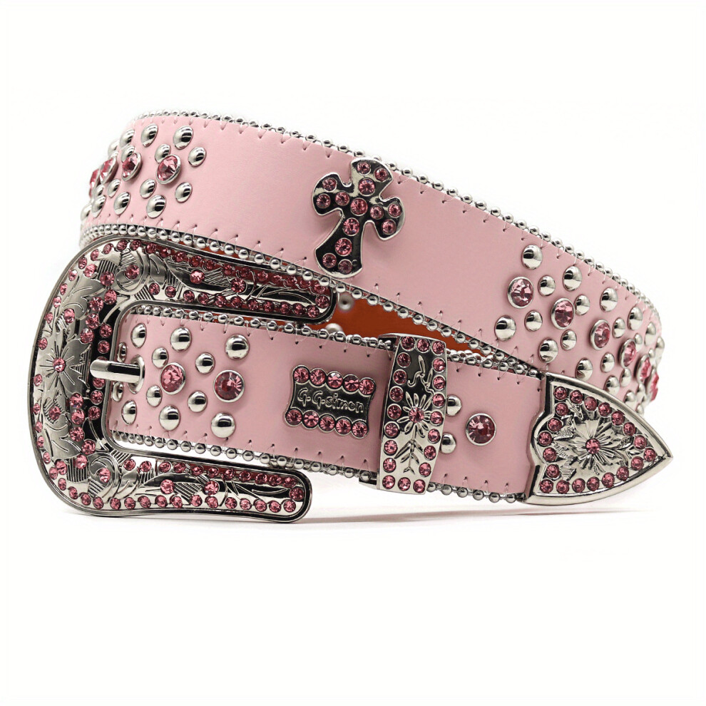 Pink Rhinestone Cross PU Belt Punk Hip Hop Jeans Pants Belt Y2K Rivet Cowgirl Waist Belt For Women on OnBuy