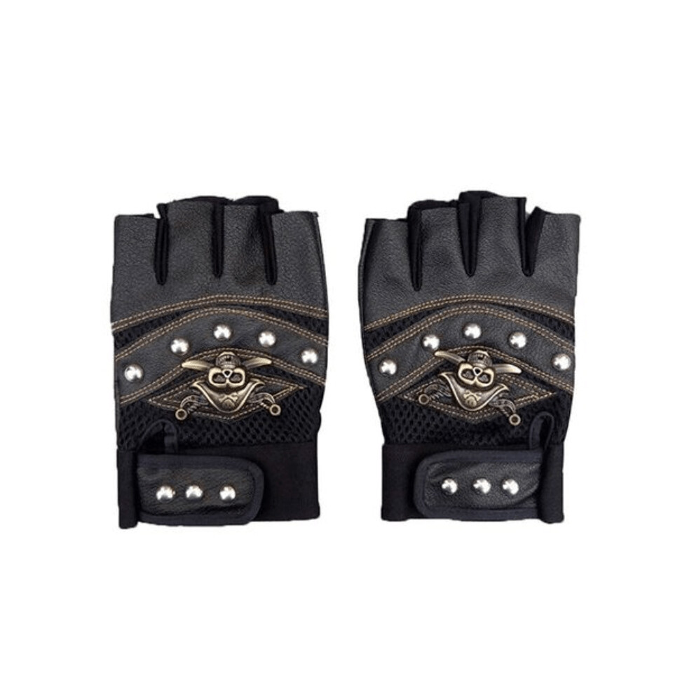 1Pc Pu Leather Skull Punk Driving Motorcycle Biker Fingerless Tactical Gloves For Mens Womens Black 885664494354