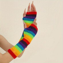 Rainbow Knitted Sleeve Medium Warm Arm Sleeve Elastic Sleeves With Thumb Hole For Autumn & Winter