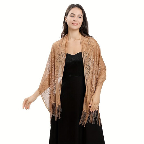 Solid Lace Fringed Shawl Hollow Out Wrap Thin Breathable Shawl Party Evening Wedding Wrap 2