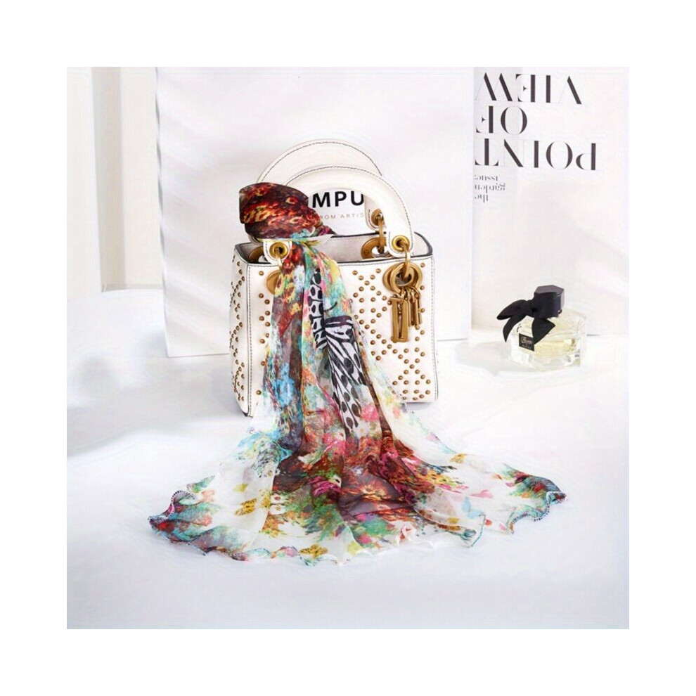 Ruffles Boho Georgette Scarf Vintage Butterfly Print Silk Shawl Sunscreen Head Wrap Windproof Travel Beach Towel For Women-image-OPC-PC6D8X5-NEW