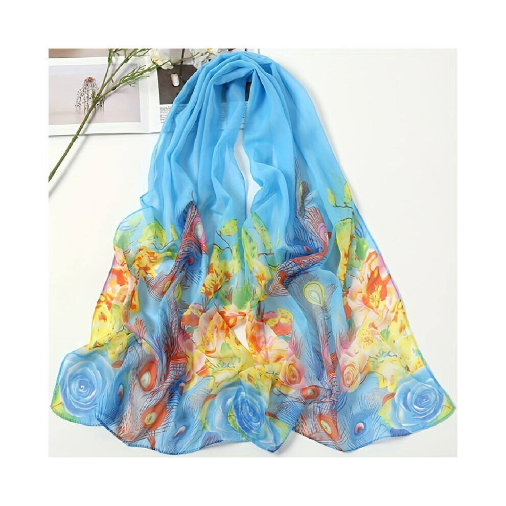 Peacock Print Classic Chiffon Scarf Breathable Shawl Women Outdoor Windproof Gauze Head Wrap Thin Travel Beach Towel For Spring & Summer-image-OPC-PC6DB98-NEW