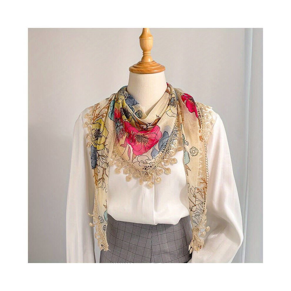 Print Lace Triangle Shawl Thin Breathable Fringed Scarf Sunscreen Shawl Casual Outdoor Wrap For Women-image-OPC-PC6DCZS-NEW