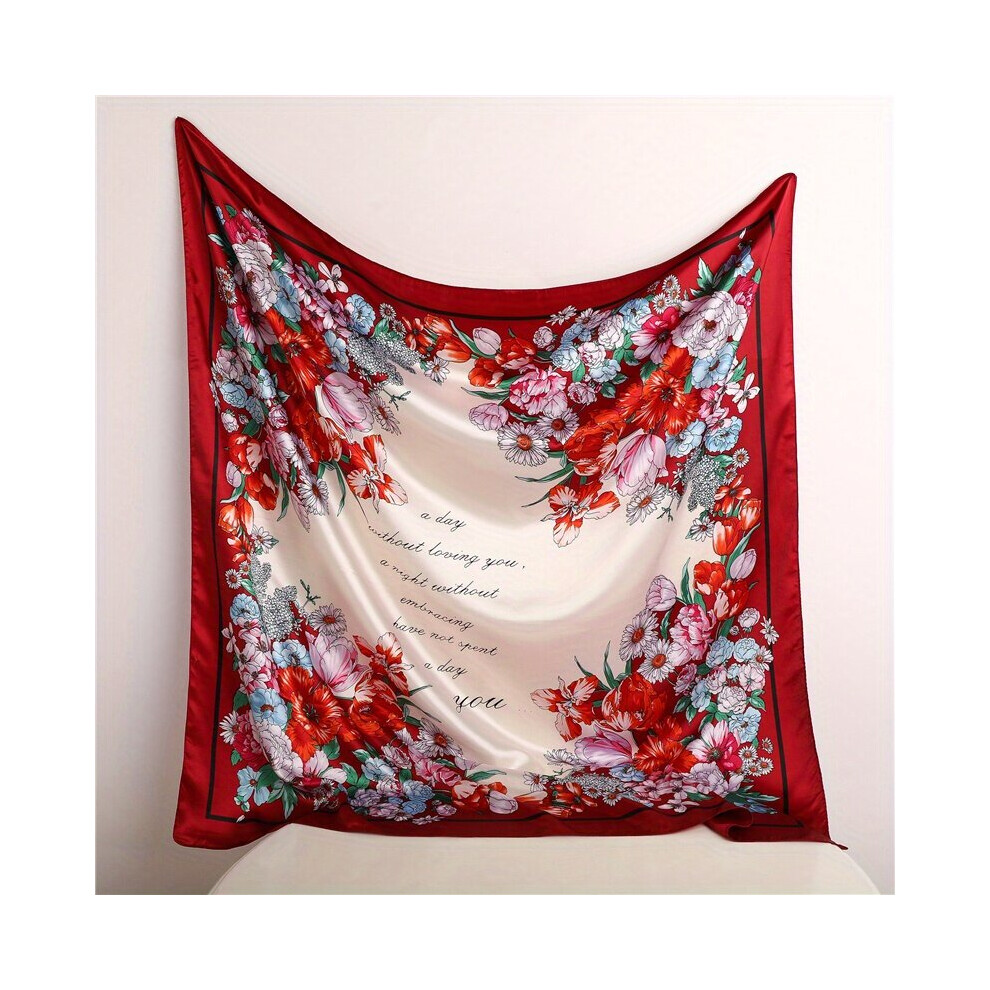 Romantic Flower Print Square Scarf Vintage Satin Large Shawl Women Head Wrap Bandana Hair Accessories-image-OPC-PC6DDJG-NEW