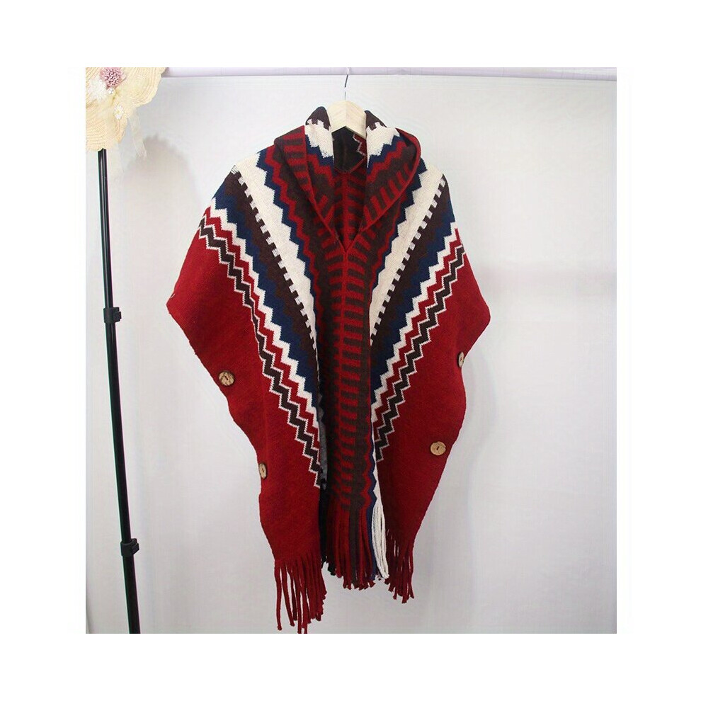 Vintage Striped Tassel Shawl Bohemian Block Warm Wrap Ruffles Knitted Large Blanket Scarf Windproof Cape For Outdoor Autumn & Winter-image-OPC-PC6DDNS-NEW