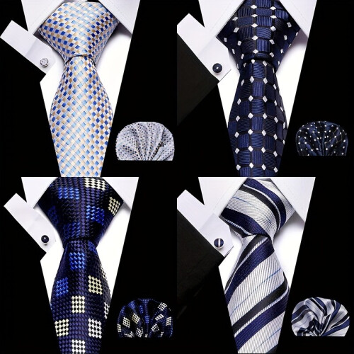3pcs set Mens Plaid Pattern Tie Pocket Scarf Cuff Set For Suits 1