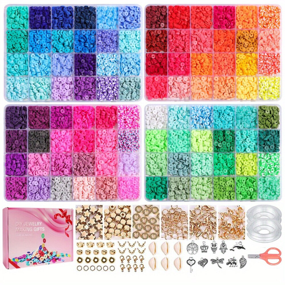 9600pcs 96 Colors Clay Beads For Bracelet Making Kit Flat Circular Polymer Clay Stone Spacing Beads For DIY Handicrafts Necklaces Jewelry Making 4 Box