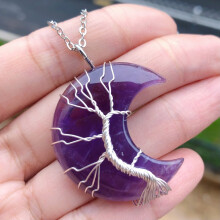 1pc Tree Of Life Wire Wrapped Crescent Moon Pendant Necklace Reiki Healing Crystal Stone Necklaces Natural Gemstone Quartz Artificial Jewelry