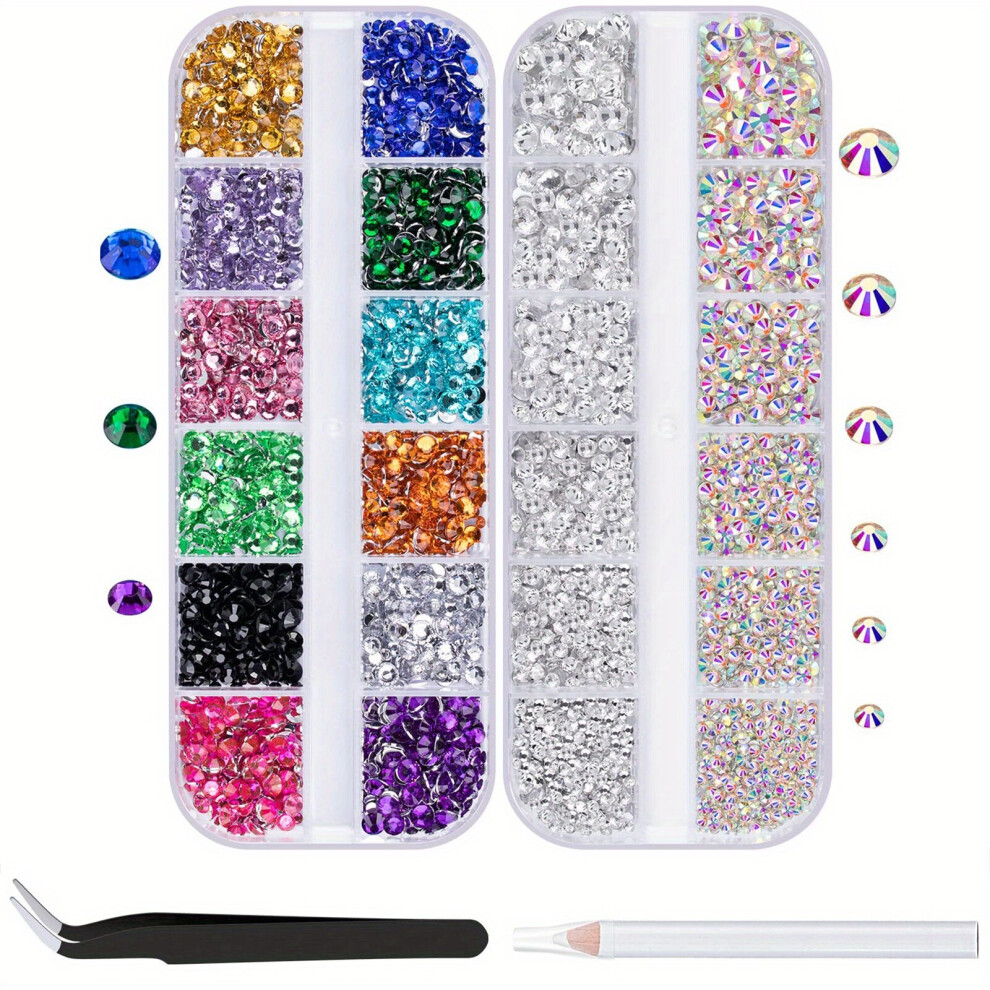 2 Box Flat Back Rhinestones Mixed Gemstones For Nail Art With Rhinestones Picker And Tweezers For DIY Nail Art
