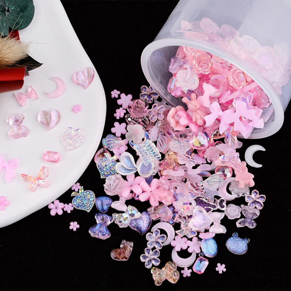 Pink/Purple 100Pcs Assorted Shaped Nail Charms Acrylic Shapes Heart Flower Bowknot Bear Resin Charms For Nail Art Manicure