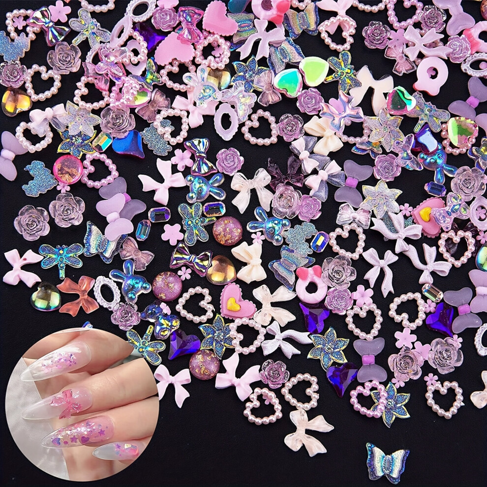 200Pcs 3D Mixed Nail Charms Decoration shape Heart Flower Butterfly Bow Shaped Nail Charms Resin Flat Back Nail Art Rhinestone Charms Nail Art DIY Cra