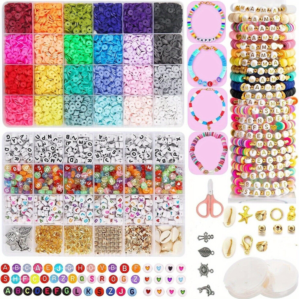 7000pcs Clay Beads For Bracelet Making Kit 24 Colors Flat Round Polymer Clay Beads Kit With 900pcs Letters And Pendant Charms For Jewelry Making 6mm E